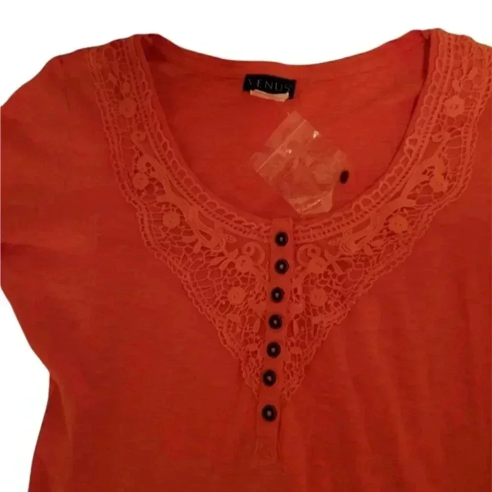 Venus Long Sleeve Orange  T -Shirt with Button Trim Med